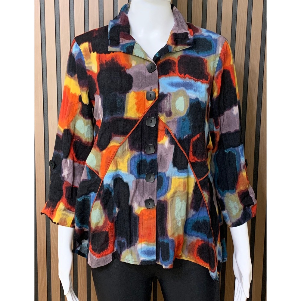Ali Miles Petite Small PS Abstract Art Print Button Front Blouse Lagenlook